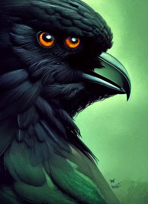 Prompt: side portrait dark crow (animal), close-up, fantasy forest landscape, moonshine, fantasy magic, nice black feather, proud, green dark light night, intricate, elegant, sharp focus, illustration, highly detailed, digital painting, concept art, matte, art by WLOP and Artgerm and Greg Rutkowski and Alphonse Mucha, masterpiece