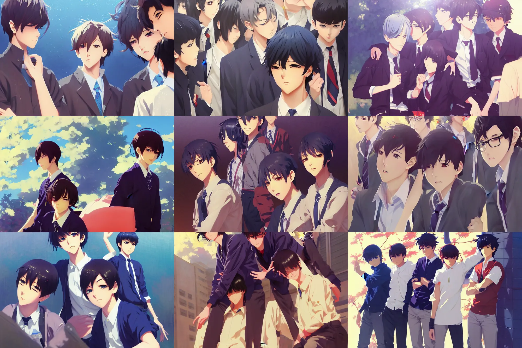 Prompt: boy's love anime high school noon, high detail concept art, perfect proportions fine face, athletic tall handsome guys, close together romantic undertones, avant designer uniform, vivid colors, realistic shaded lighting poster fantasy art ilya kuvshinov, katsuhiro, jeremy lipking and michael germash, makoto shinkai, loish and clamp style, best selling artist