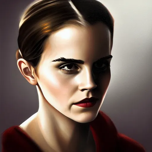 Image similar to modern stylized oil painting caricature of emma watson with ugly nose, cinematic dramatic lighting