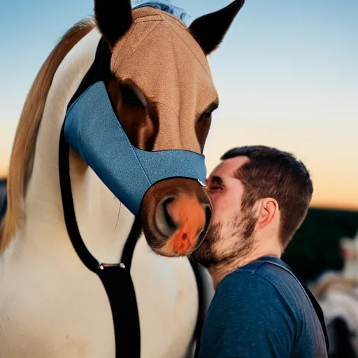 Image similar to man wearing horse head mask on shoulder of man