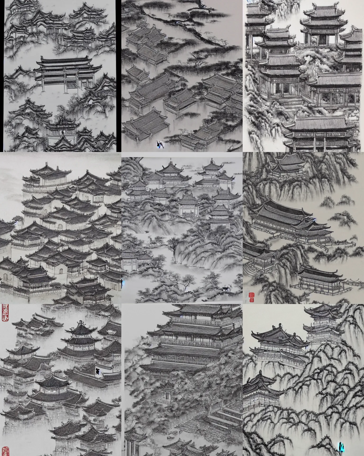 Prompt: ancient chinese city, Chinese watercolor style, black and white ink, Detailed