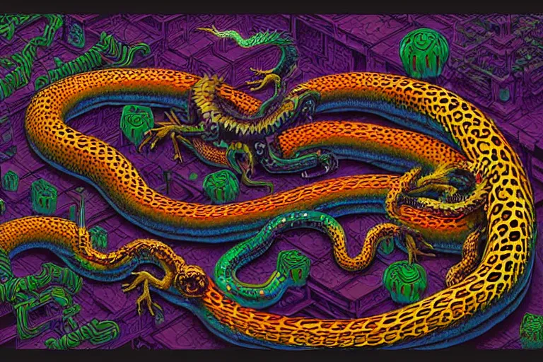 Image similar to a detailed digital art painting of a cyberpunk magick oni dragon with occult futuristic effigy of a beautiful field of mushrooms that is a adorable leopard atomic latent snakes in between ferret biomorphic molecular hallucinations in the style of escher, alex grey, stephen gammell inspired by realism, symbolism, magical realism and dark fantasy, crisp,