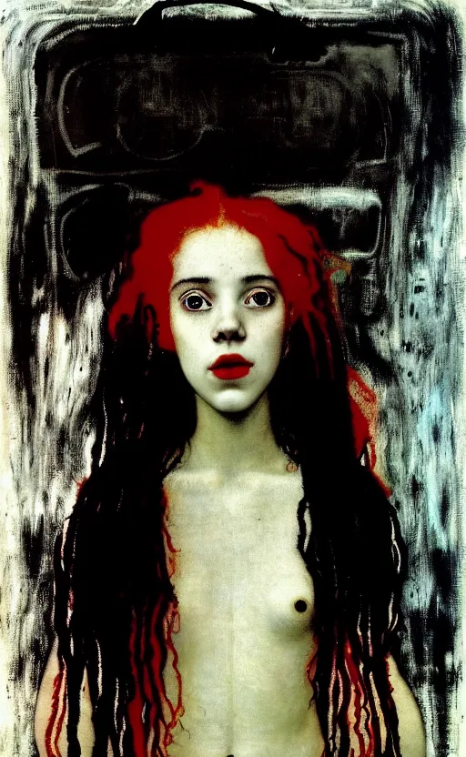 Image similar to portrait of a girl with long red hair in a black dress, under water, very beautiful style, girl wrapped in a leather salafan bag in black, jean - michel basquiat, photorealism, edgard maxence,