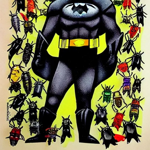 Prompt: colorized Batman made of insects