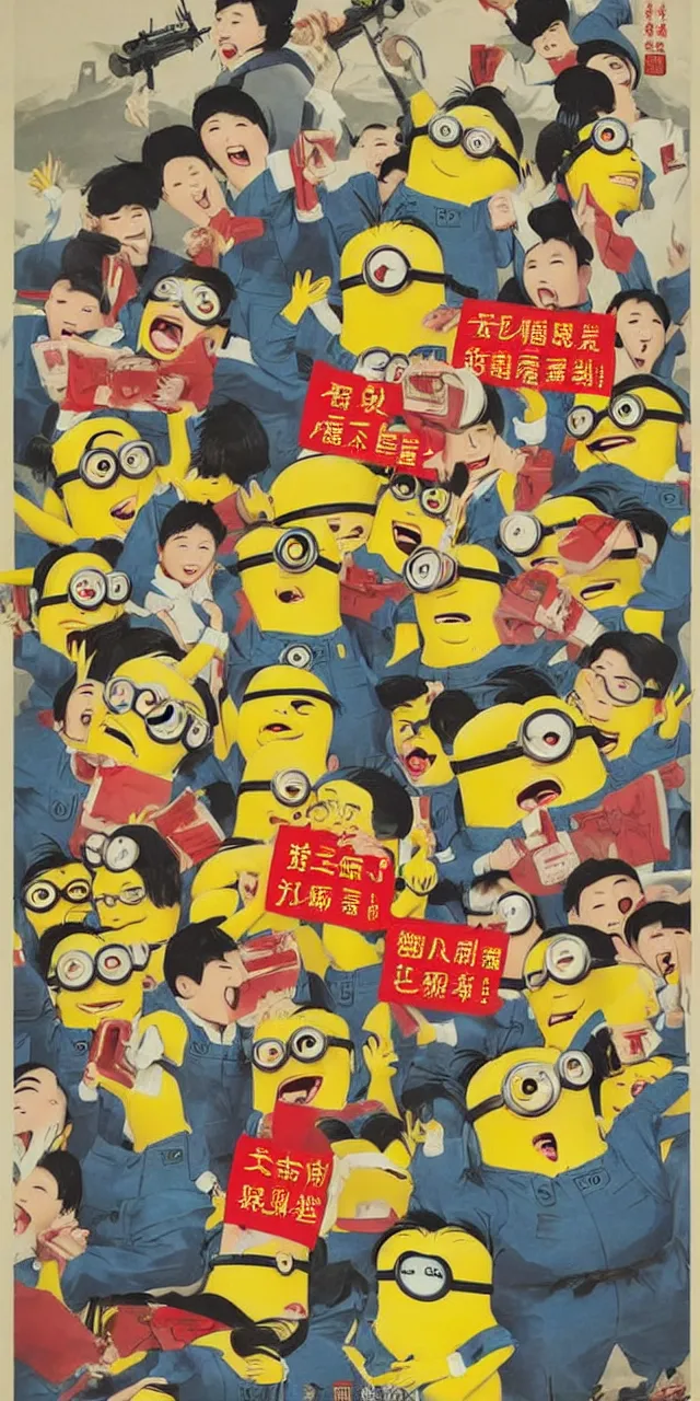 Prompt: chinese propaganda poster with minions