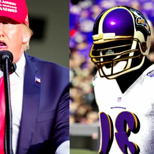 Prompt: Donald Trump wearing a Baltimore Ravens jersey, ultra realistic, 8k