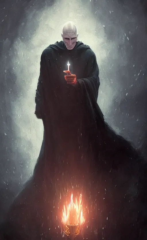 Prompt: a beautiful painting of voldemort performing an occult ritual, by greg rutkowski featured on artstation, dark spell, magic vfx, particles, depth of field, bokeh, black smoke, sparks