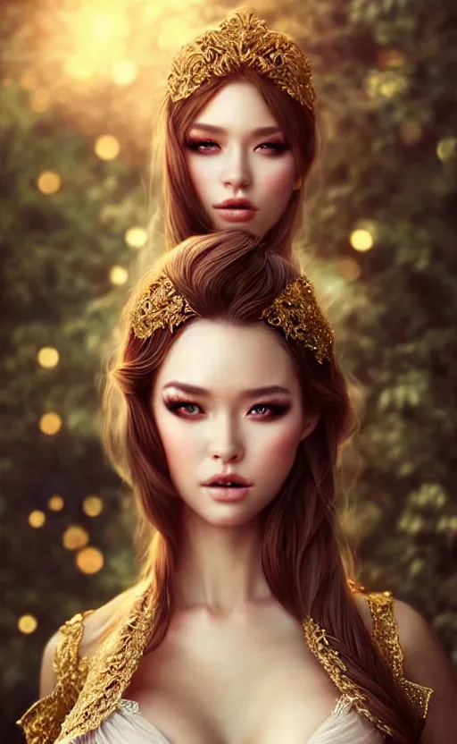 Image similar to a fantasy photo of gorgeous russian female, evening gown, bokeh, medium shot, beautiful face, professionally retouched, soft lighting, realistic, smooth face, perfect eyes, sharp focus, 8 k realistic high definition, insanely detailed, intricate, elegant, art by artgerm and kyoung hwan kim