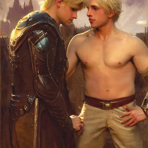 Prompt: attractive male, blond hair, arthur pendragon confesses his love to attractive male, dark hair, merlin. highly detailed painting by gaston bussiere, craig mullins, j. c. leyendecker 8 k