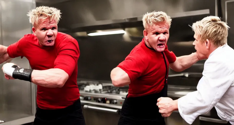 Image similar to photo of angry furious Gordon Ramsay punching Gordon Ramsay at the kitchen