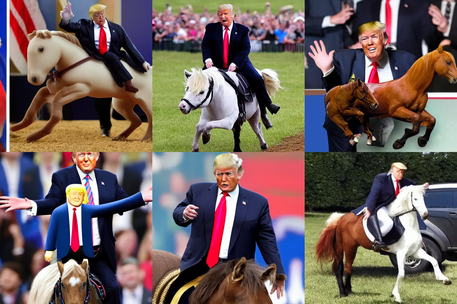 Prompt: Donald Trump riding an overly miniature horse