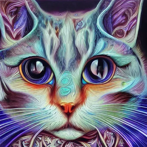 Prompt: watermarked, fractalism art, metaphysical art, poster art, airbrush art, psychedelic art, airbrush art, poster art, a painting of a cat with big eyes, hyperdetailed art, trending on artstation, ultrafine details