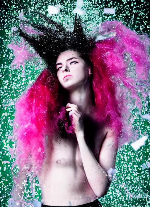 Image similar to a dramatic lighting photo of a beautiful young woman with cotton candy hair. confetti splashes. moody, melanchonic. with a little bit of green and black