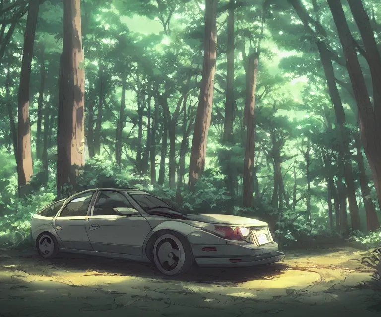 Image similar to car in a forest, anime fantasy illustration by tomoyuki yamasaki, kyoto studio, madhouse, ufotable, comixwave films, trending on artstation