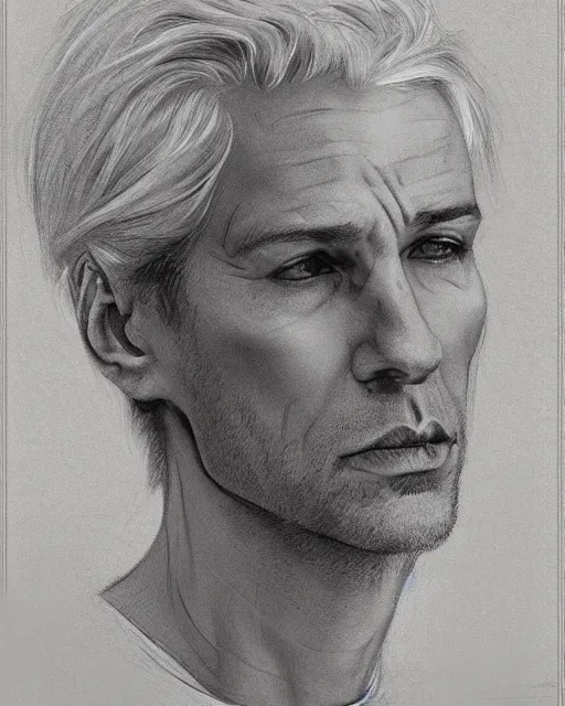 Image similar to portrait of 4 0 - year - old man with white hair with a pale complexion, pointed face and grey eyes, clear smooth face, no beard, wearing all black clothes, haughty facial expression, hyper realistic face, beautiful eyes, close up, fantasy art, in the style of greg rutkowski, intricate, alphonse mucha, hyper detailed, smooth