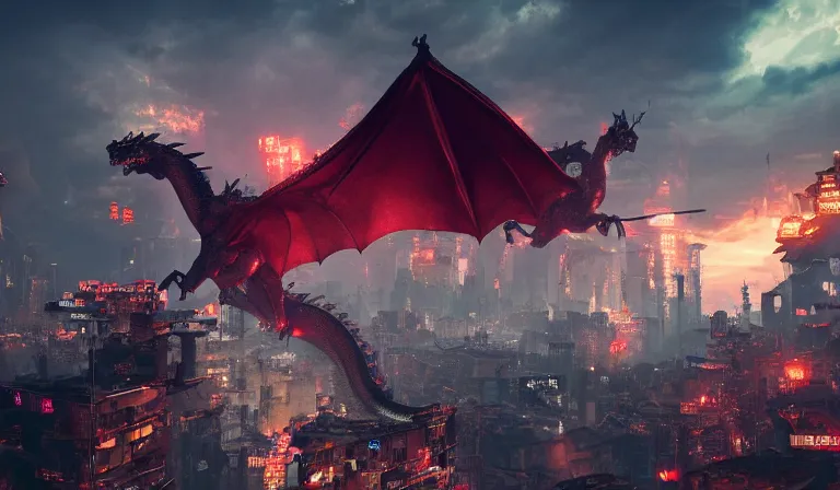 Prompt: dragon flying above a cyberpunk city in ruins, close shot, 8k, cinematic, epic, ultra detailed, award winning, trending on artstationHD, dramatic