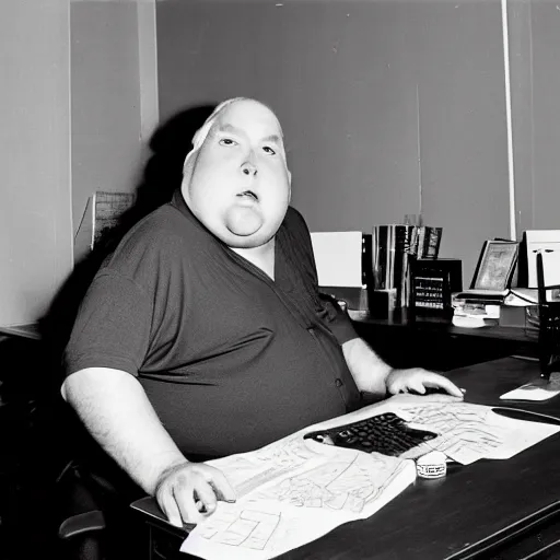 Image similar to portrait photo of old, fat spiderman working at a desk