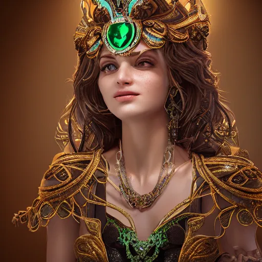 Image similar to photograph of wonderful princess with smooth fair skin, alluring eyes, green jewelry, breathtaking, elegant, ornate, intricate, hyper detailed, accent lighting, dramatic light, 4 k octane render