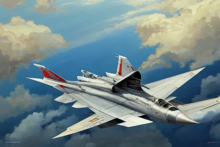 Image similar to Mikoyan MiG-29 flying in the sky, blue sky, white clouds, highly detailed, digital painting, artstation, concept art, sharp focus, illustration, art by artgerm and greg rutkowski and alphonse mucha