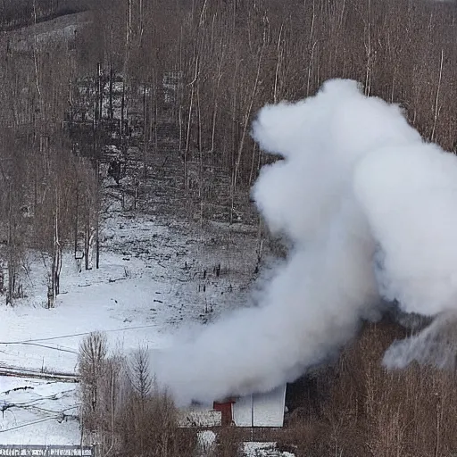 Image similar to a large funnel formed on the territory of the Russian village house in Russia as a result of a rocket hit where people gathered to photograph it