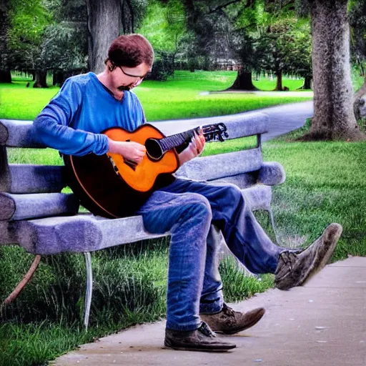 Image similar to a man sitting on a bench in the park writing in his notebook, a guitar is next to him on his bench, digital art