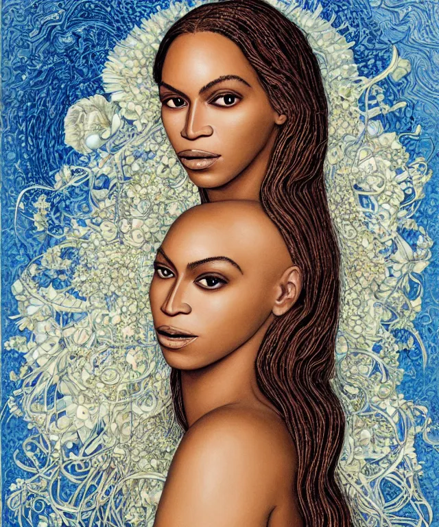 Image similar to facial portrait of Beyonce as a young pretty woman in flowing dress, arrogant, mysterious, long fine flowing hair, delicate, looking at camera, slightly awkward smile, realistic face, no hands visible, intricate, stylish, elegant, grimdark fantasy, flowers, extremely detailed painting by Martine Johanna and Ernst Haeckel and Greg Rutkowski