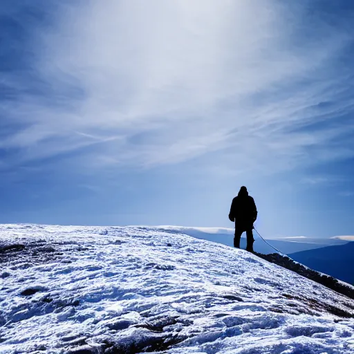 Prompt: man on snowy mountain, simple, mysterious