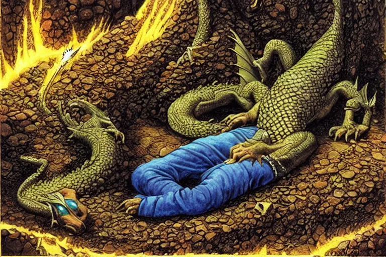 Prompt: dragon sleeping on a mountain of gold and gems in a big cavern, by Larry Elmore, masterpiece, stunning