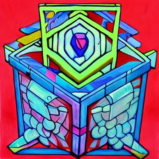 Image similar to beautiful painting of companion cube, art nouveau. gaudy colors. intricate linework. sharp edges.