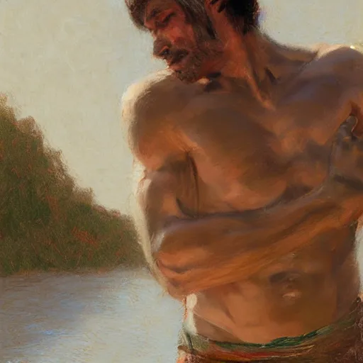 Image similar to man by the river, muscular, detailed face, correct face, painting by Gaston Bussiere, Craig Mullins