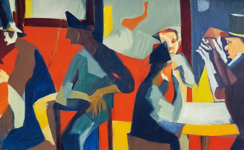 Image similar to oil painting in the style of john craxton sailors in the shadows of a pub. playing cards. brush marks. strong lighting. holding cigerettes. smoking. bar. seated figure hands on table. strong expressions on faces. cheekbones. aesthetics to ivon hitchins. line drawing on painting,