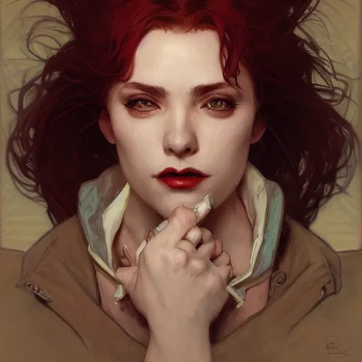 Prompt: portrait of a vampire by Stanley Artgerm Lau , greg rutkowski, thomas kindkade, alphonse mucha, loish, norman rockwell, J. C. Leyendecker. dark red hair, pale skin. Trending on artstation rule of thirds extremely detailed abstract illustration hd 4k