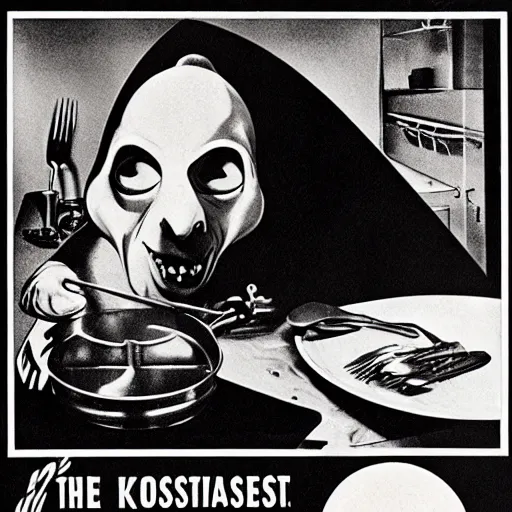 Prompt: nosferatu is cooking in a kitchen, american advertising 1 9 6 0's, photography