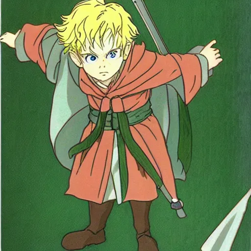 Prompt: merry from the anime lord of the rings (1986), blond hair, hobbit, green cape, studio ghibli, very detailed, realistic