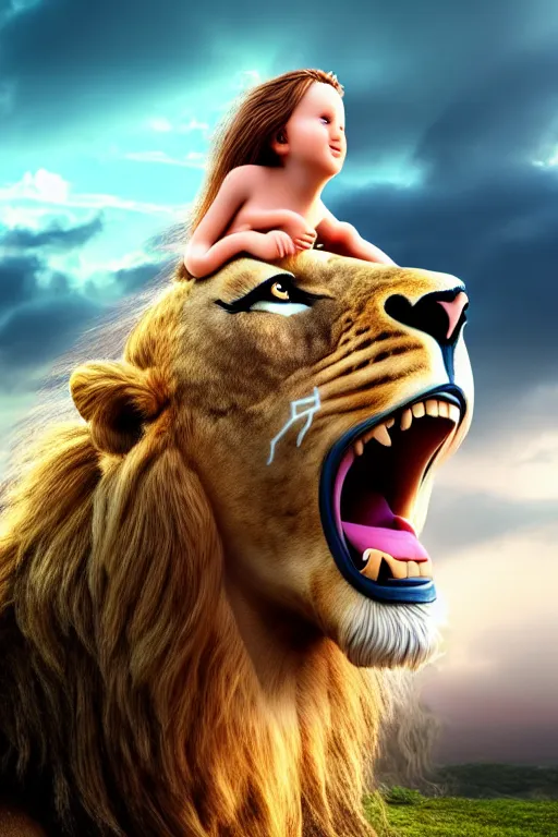 Image similar to girl riding on a lion, extremely detailed, high quality, 4 k, cinematic, dramatic lightning, photo realistic, beautiful face, highly detailed face