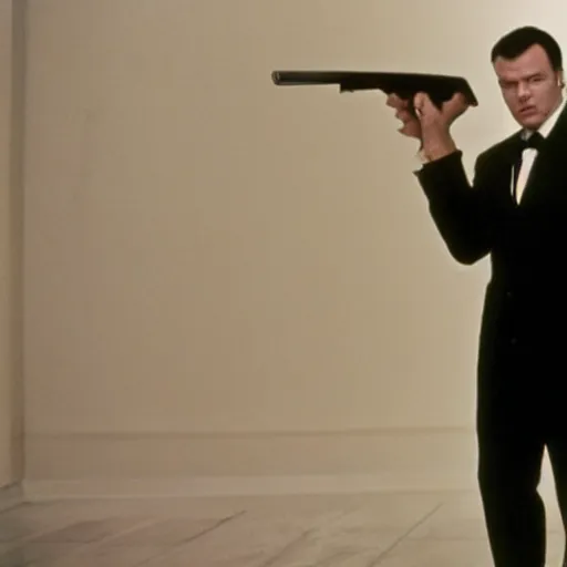 Image similar to Viktor Yanukovych holding a shotgun as the American Psycho, cinematic still