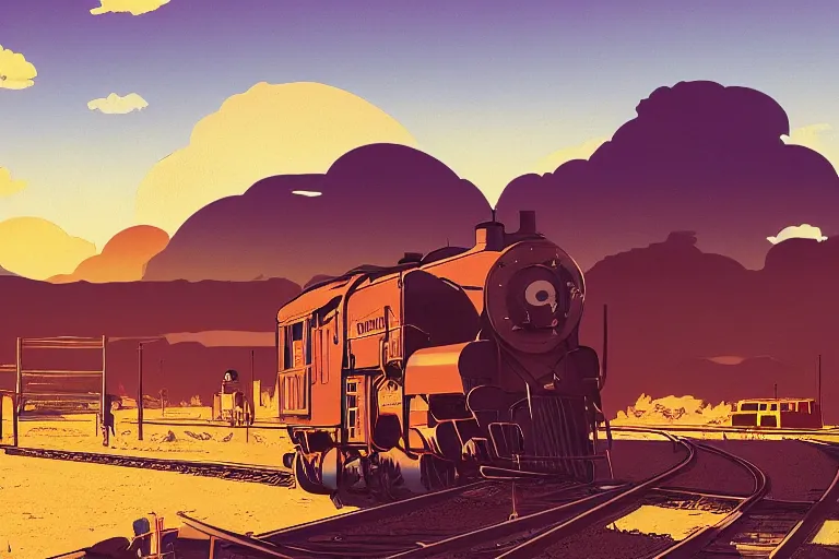 Image similar to idyllic old western train station illustration by syd mead, artstation, 4 k, graphic novel, concept art, matte painting, steam engine spewing billowy clouds of steam, beautiful mountain desert sunset background, golden hour