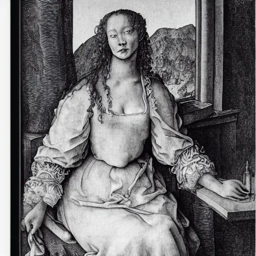 Image similar to A beautiful sculpture of a woman with long curly hair, wearing a white dress and sitting in a chair in front of a window with a view of a mountainside. neo-expressionism by Albrecht Dürer artificial