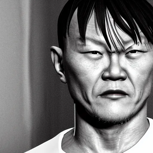 Image similar to minoru suzuki after a match, black and white, photographic, photoreal, in the style of Stanley Kubrick, 4k, award-winning, rendered in Octane, rendered in Unreal engine