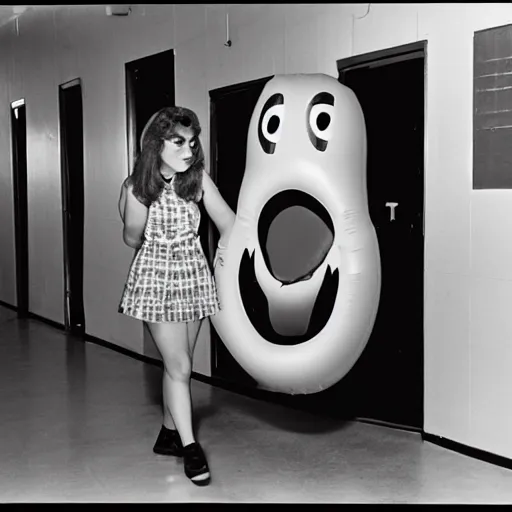 Image similar to teenage girl holds hands with smiley inflatable boyfriend at high school, 1978 color Fellini film, in school hallway, dirty walls, archival footage, technicolor film, 16mm, live action, John Waters, campy