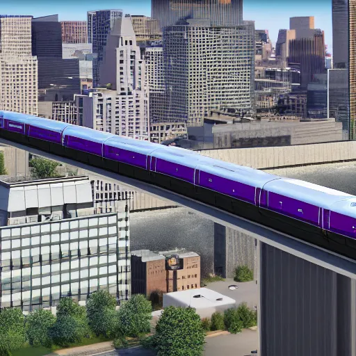 Image similar to a maglev train running high above the streets of downtown minneapolis featuring the IDS center and the US Bank stadium and the Mississippi River, render, photo, 4k, ultrarealistic, unreal maya