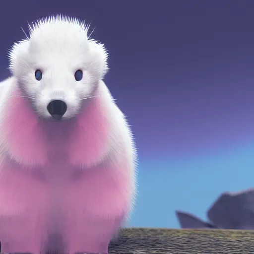 Image similar to white mink with necklace of pink bacteria, unreal engine, starring at camera, matte background, high symmetry, 8k