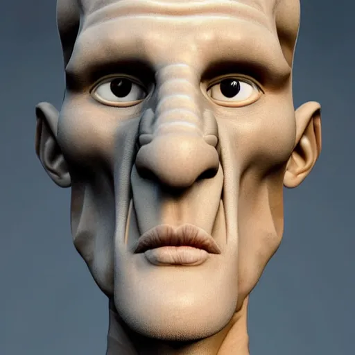 Image similar to portrait photograph of a beautiful handsome perfect handsome squidward with majestic thick curly brown hair and an extremely chiseled jawline with sharp jagged cheekbones and a strong symmetrical facial structure with decently big lips realistic hyperrealistic 4 k resolution 8 k resolution highly detailed very detailed extremely detailed hd quality detailed face very detailed face extremely detailed face trending on artstation