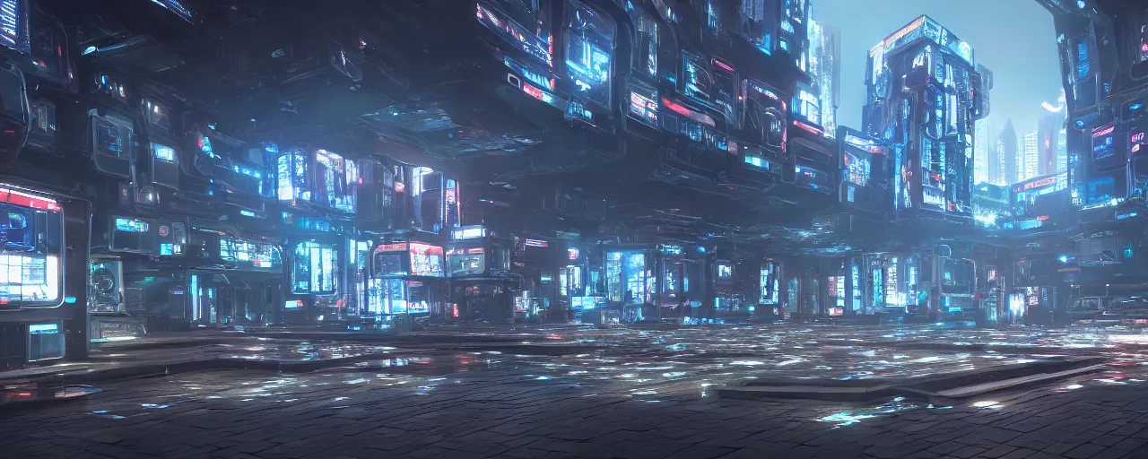 Image similar to an cybernetic temple, street view, made of tv screens, octane render, unreal engine, 8 k, cinematic, artwork by ilya kuvshinov