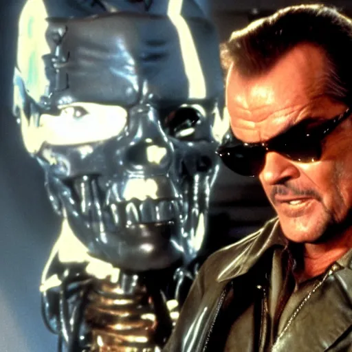 Prompt: Jack Nicholson plays Terminator, epic scene where his endoskeleton gets exposed