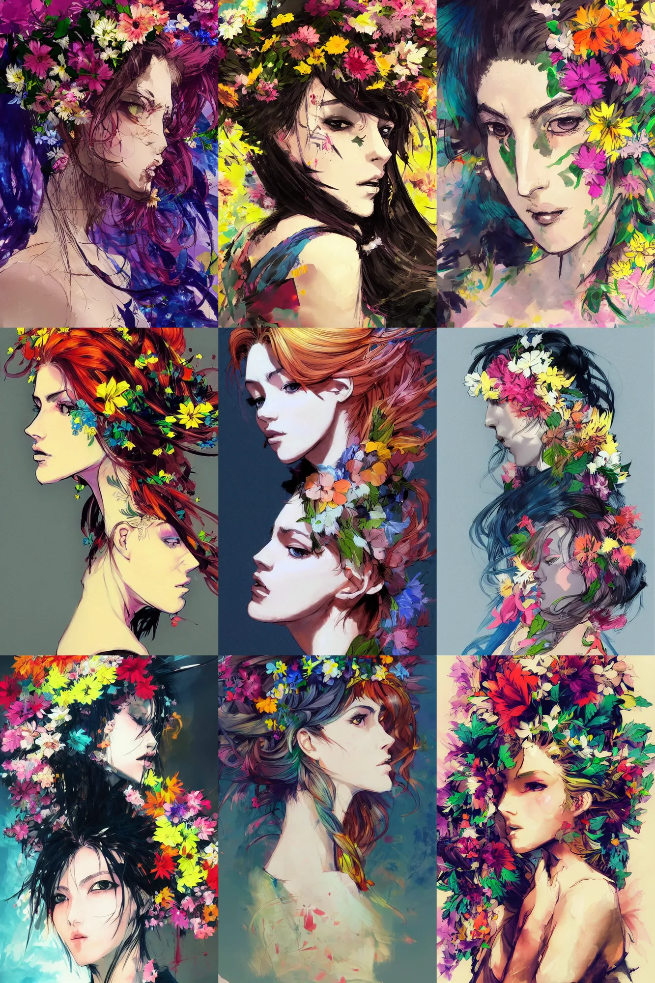 Prompt: a beautiful side portrait painting of a woman. colorful flowers emerge from her hair, covering almost all of her head. art by yoji shinkawa and, trending on artstation.