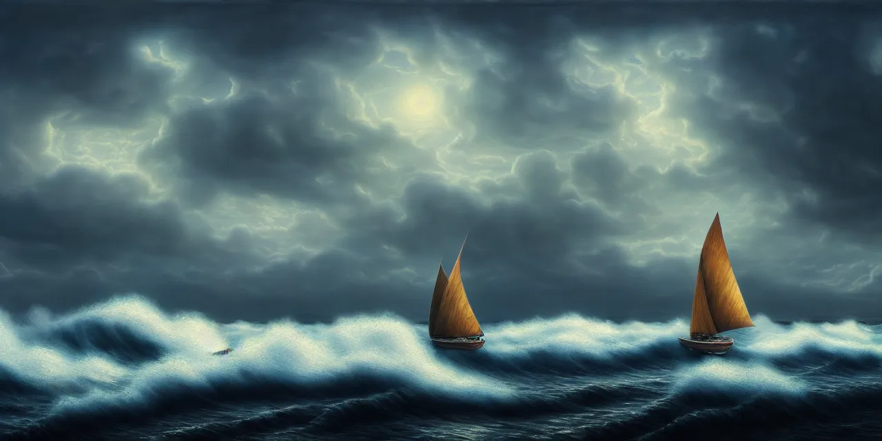Prompt: A real photographic landscape painting with incomparable reality,Super wide,Ominous sky,Sailing boat,Wooden boat,Lotus,Huge waves,Starry night,Harry potter,Volumetric lighting,Clearing,Realistic,James gurney,artstation,8K