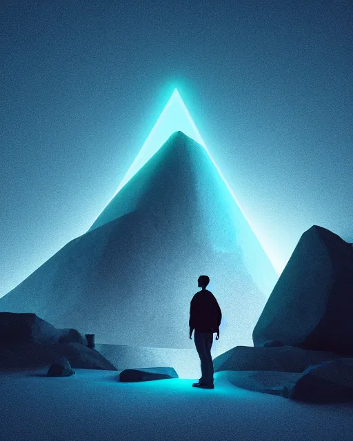 Image similar to a man standing in the middle of a mountain with a glowy triangle, a render by filip hodas, behance contest winner, environmental art, rendered in cinema 4 d, volumetric lighting