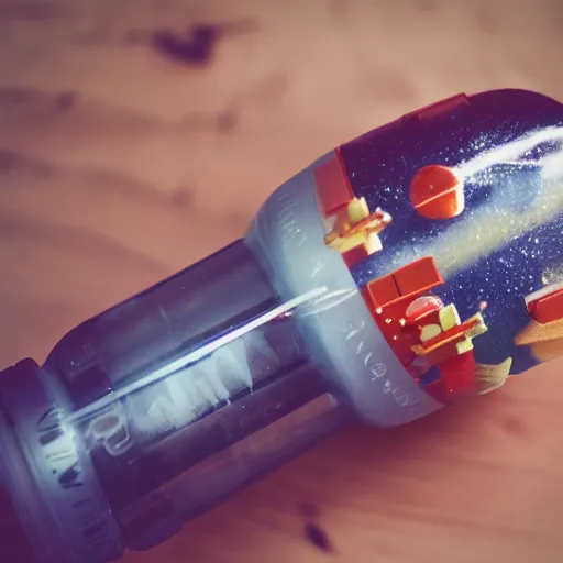 Prompt: A very detailed model rocketship in a bottle, launching, 35mm film grain, 50mm lens, lens flair