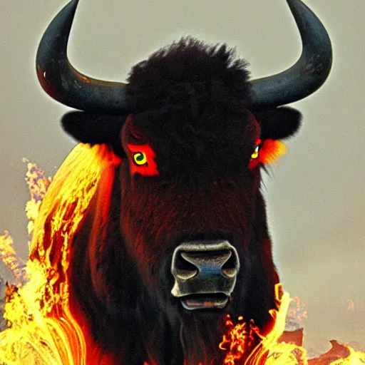 Image similar to A large black bison with fiery eyes, Bison God, Ancient